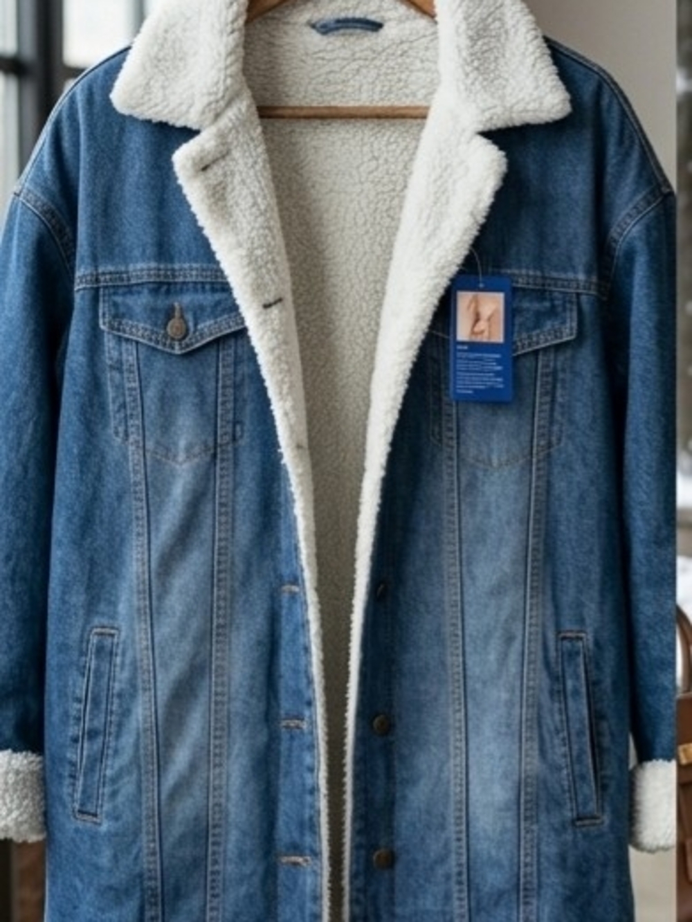 Women’s Sherpa-Lined Long Denim Jacket – Warm Winter Jean Coat